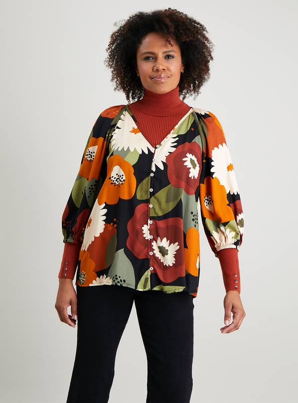 Brown Floral Print Blouse - 16